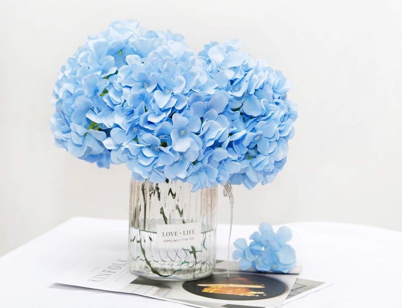 DuHouse Artificial Hydrangea Silk Flower Heads with Stem Fake Blue Hydrangea Bigger Flowers for Wedding Home Garden Centerpiece Pack of 6 - Image 2